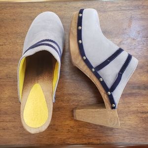 Sanita Gray Leather Studded Slip On Wood Clogs 38